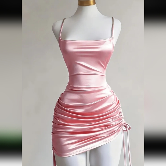 Pink Satin Drawstring Ruched Criss-cross Back Adjustable Length Mini Dress (M) - Picture 5 of 13
